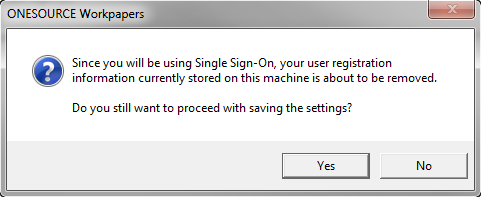 Screen capture showing the pop-up telling you your existing ONESOURCE credentials will be removed.